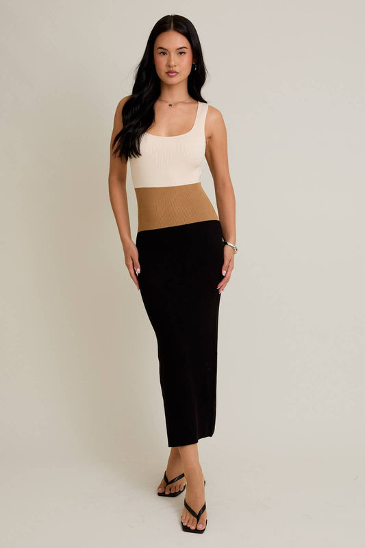 Color Block Rid Knit Midi Dress