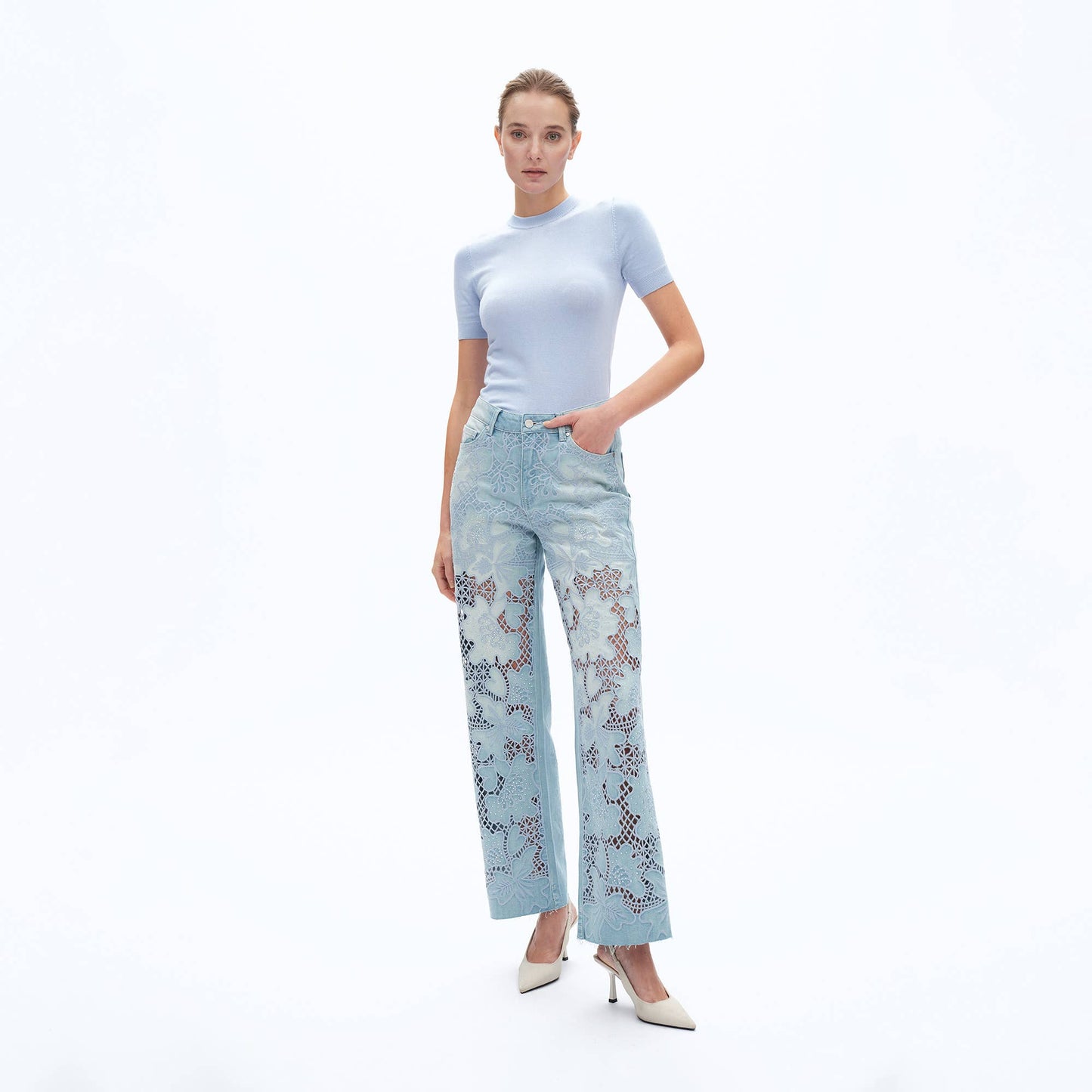 High Rise Embroidered Raw Hem Jeans