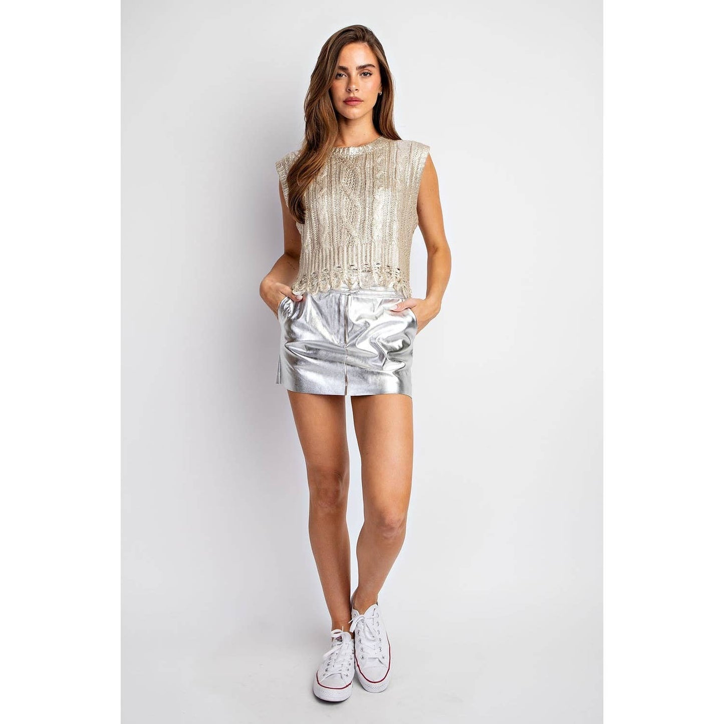 Fringe Hem Metallic Cable Knit Vest