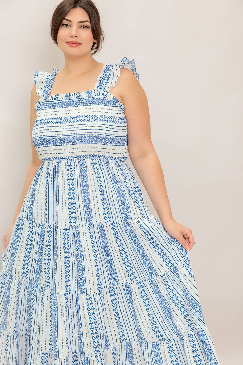 Blue and Ivory Tribal Print Smocked Top Midi Dress