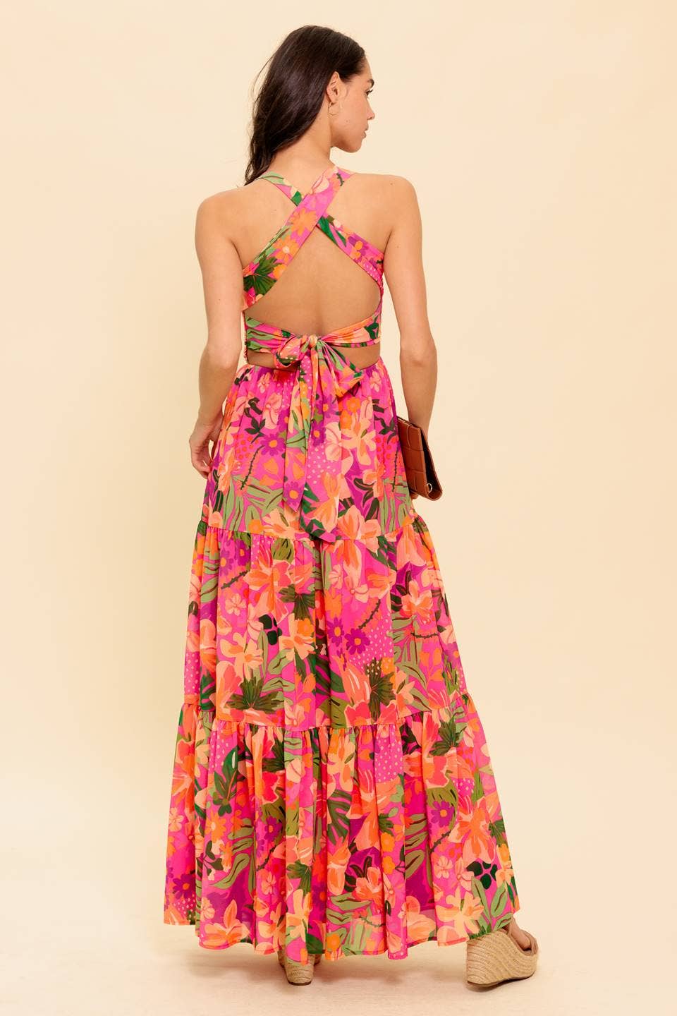 Pink and Orange Floral maxi Dress