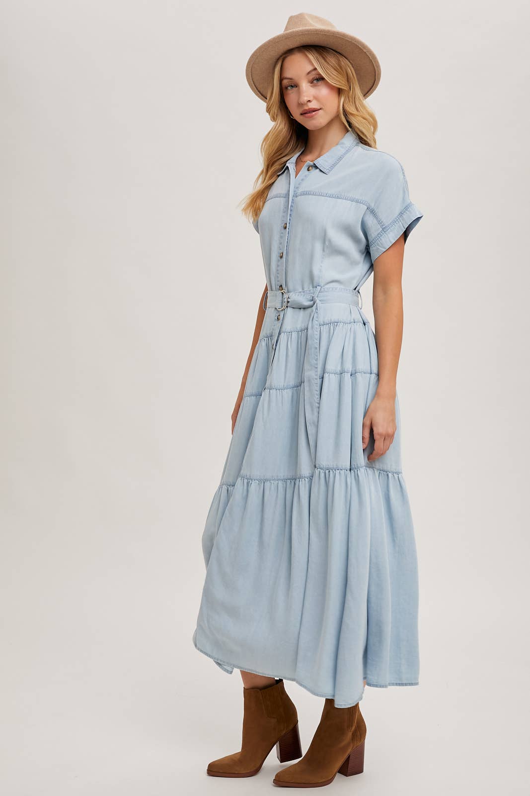 Light Wash Denim Button Front Maxi Dress