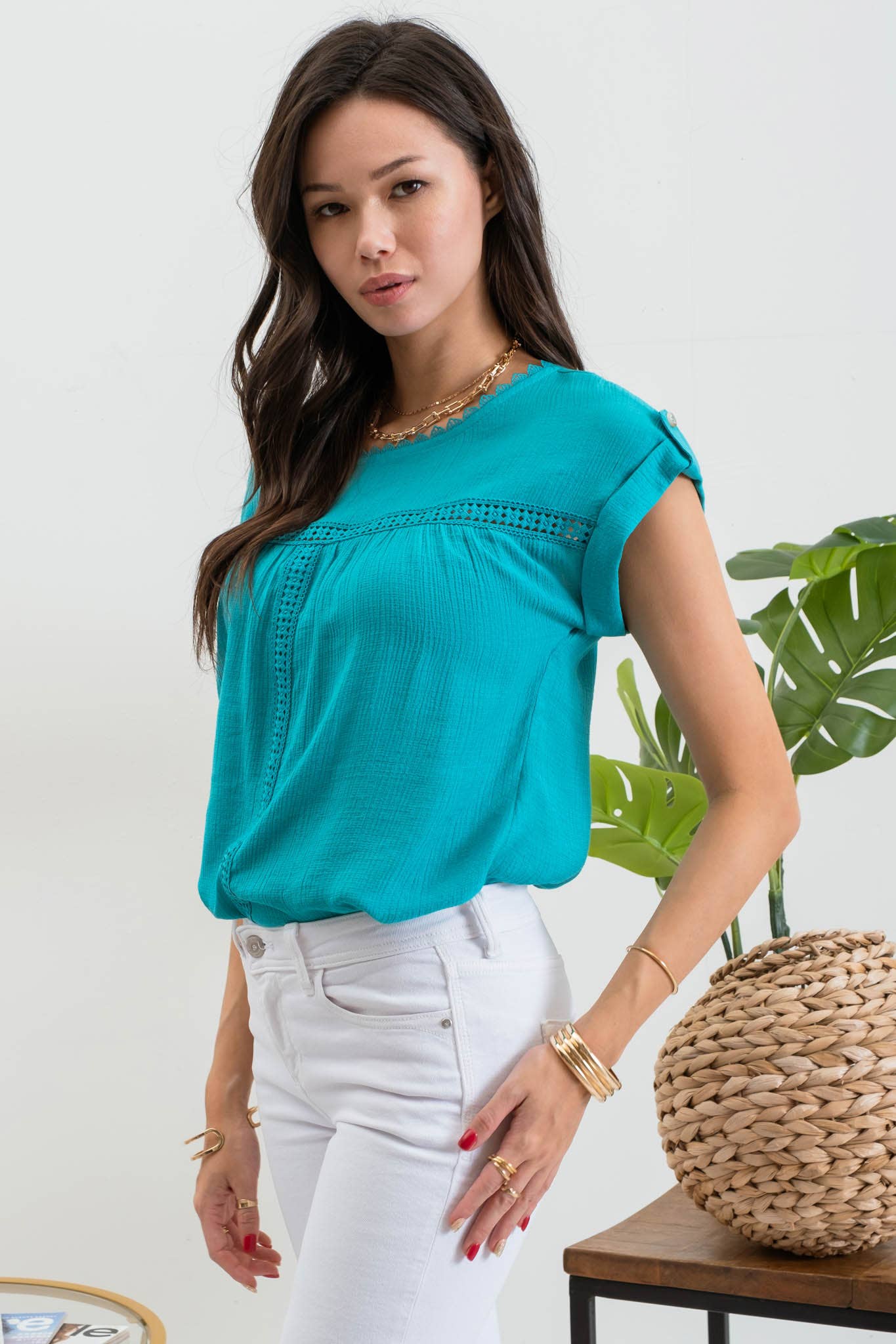 Teal Lace Trim Roll Tab Blouse