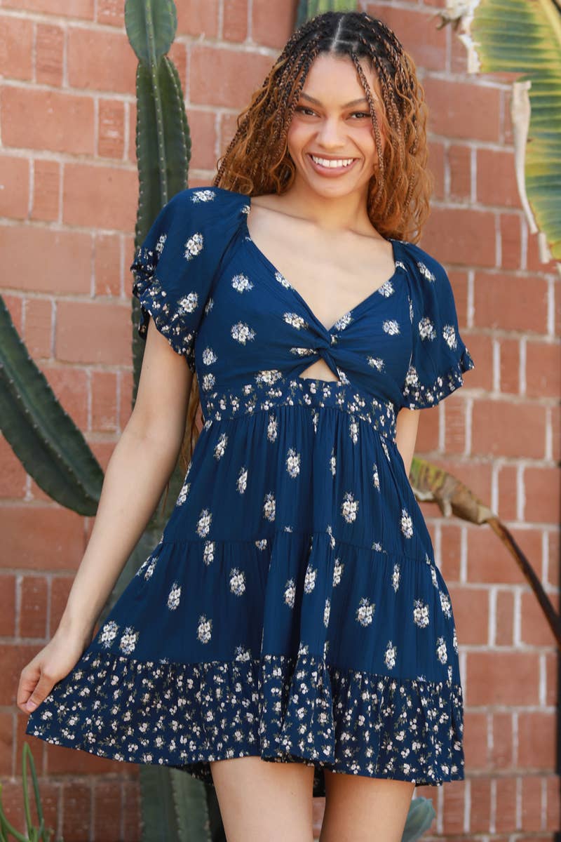 Navy Twist Front Cut Out Printed Mini Dress