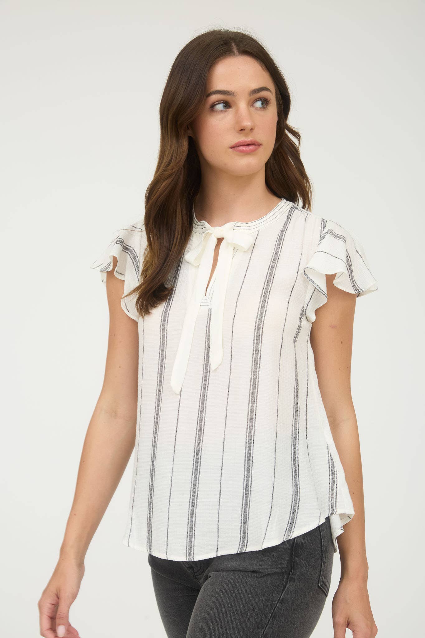 Tie Neck Black and White Stripe Ruffled Sleeves Top
