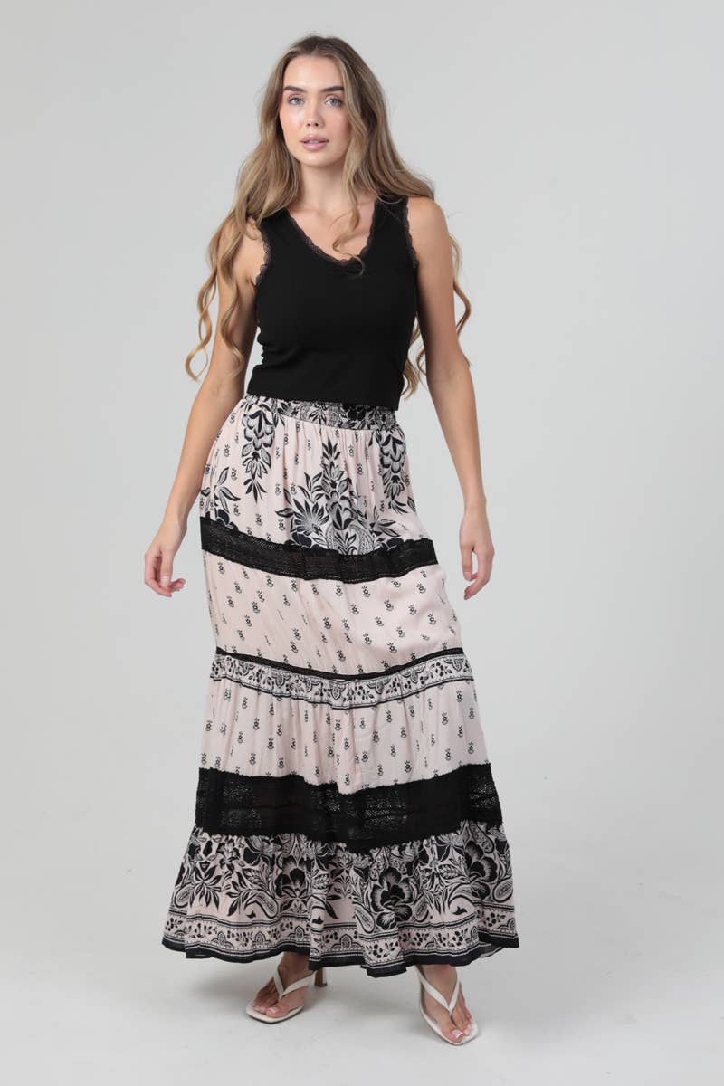 Lace Trim Printed Maxi Skirt
