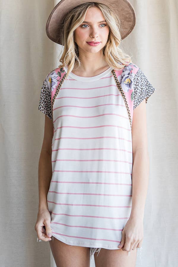 Color Block Animal Print Trim Detail Short Sleeve Top