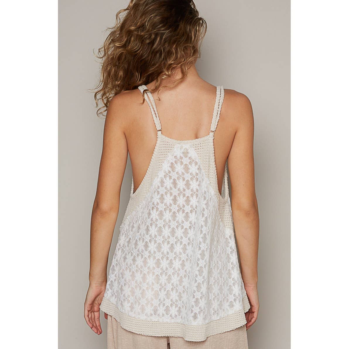 Ivory V-neck Sleeveless Lace Thermal Mixed Knit Top
