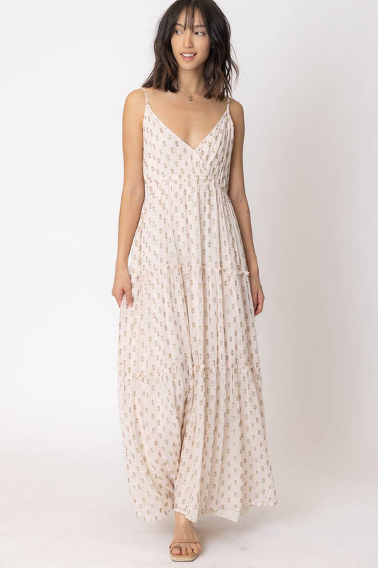 Cream Metallic Polka Dot Sleeveless Maxi Dress