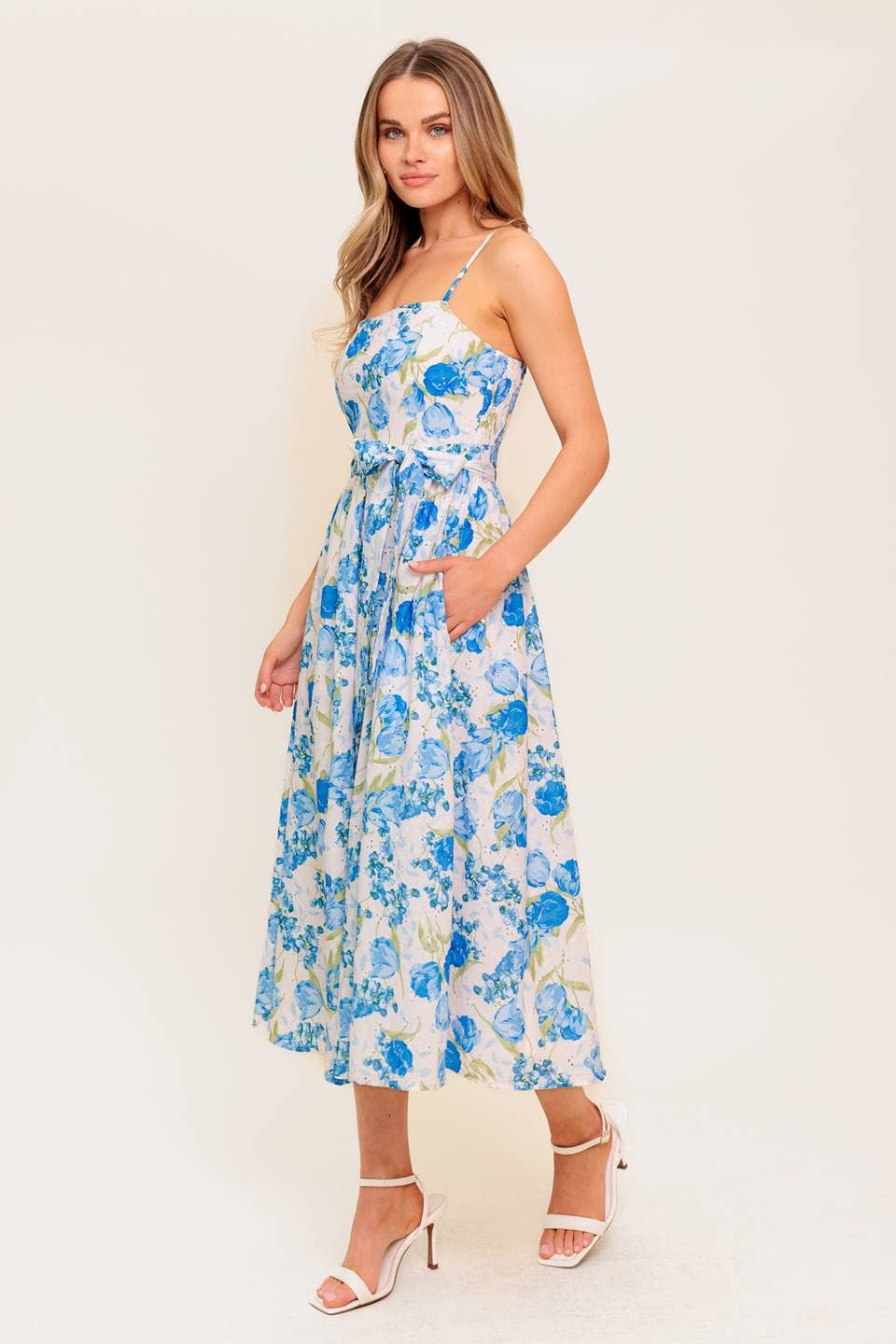 Blue and Ivory Floral Midi Dress