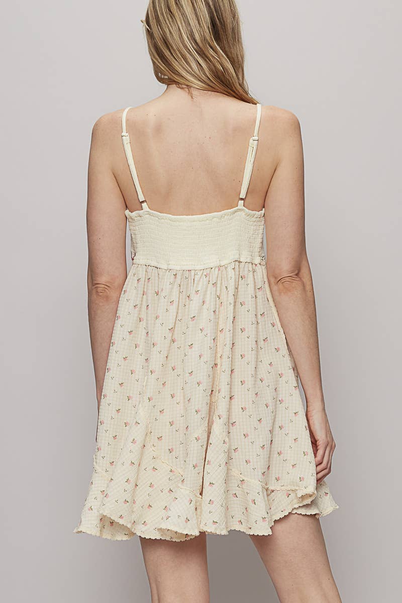 Sleeveless Ivory and Floral Print Contrast Double Gauze Mini Dress