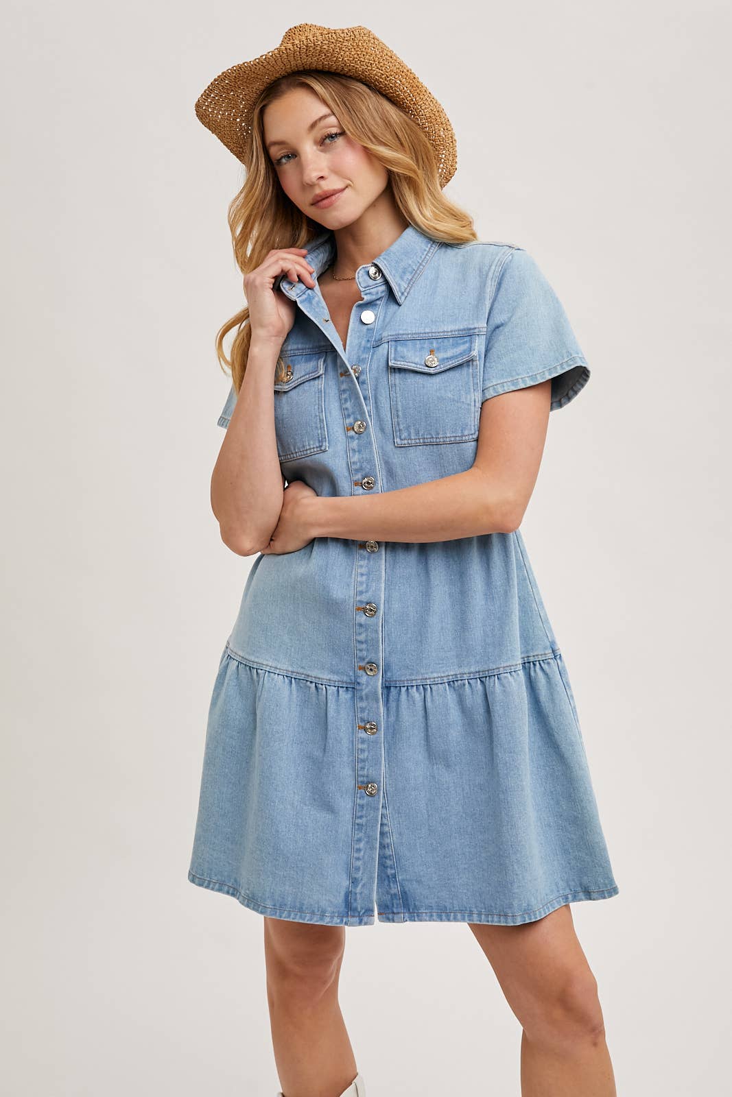 Denim Tiered Button Front Shirt Dress
