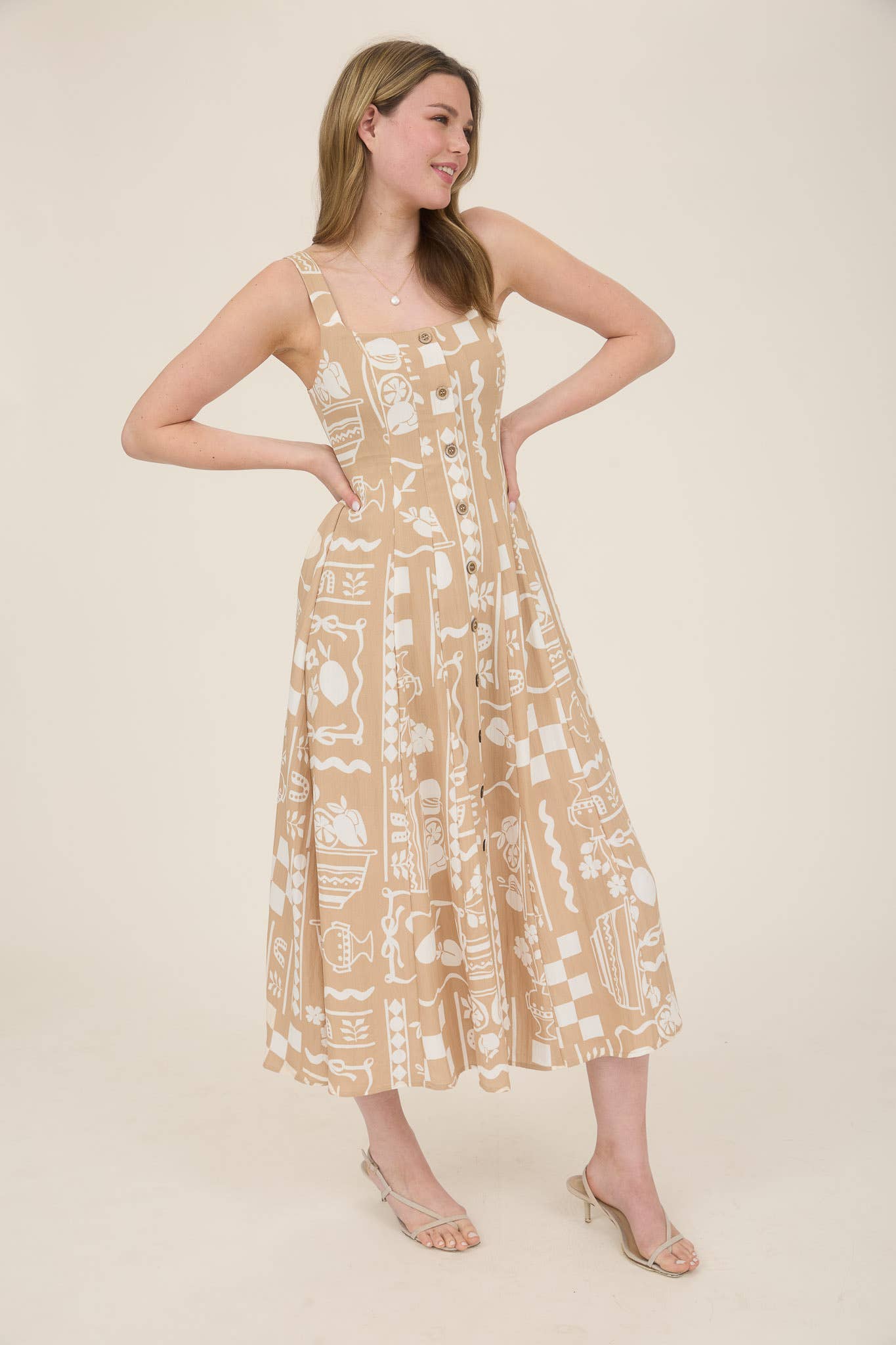 Button Down Printed Sleeveless Midi Dress