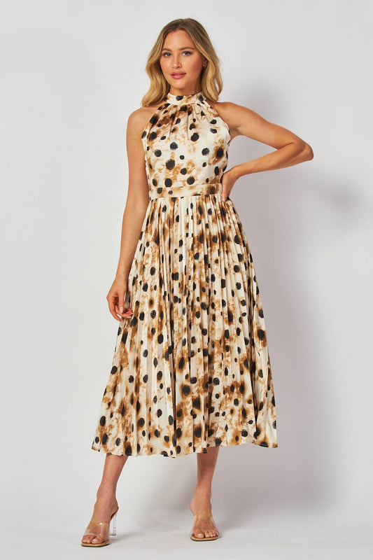 Dots Print Sleeveless Choker Neck Midi Cocktail Dress