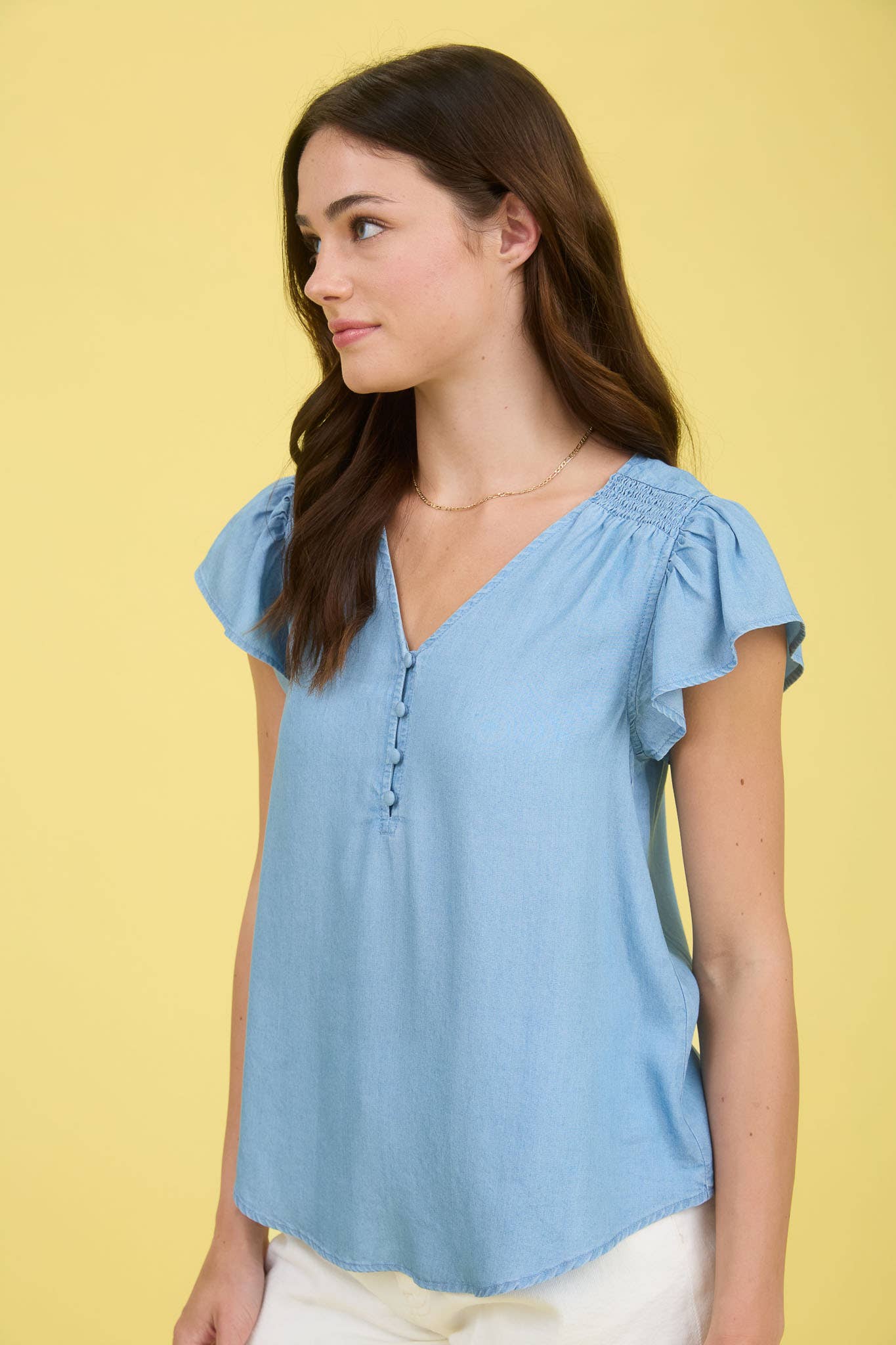 V-Neck Button Front Denim Top