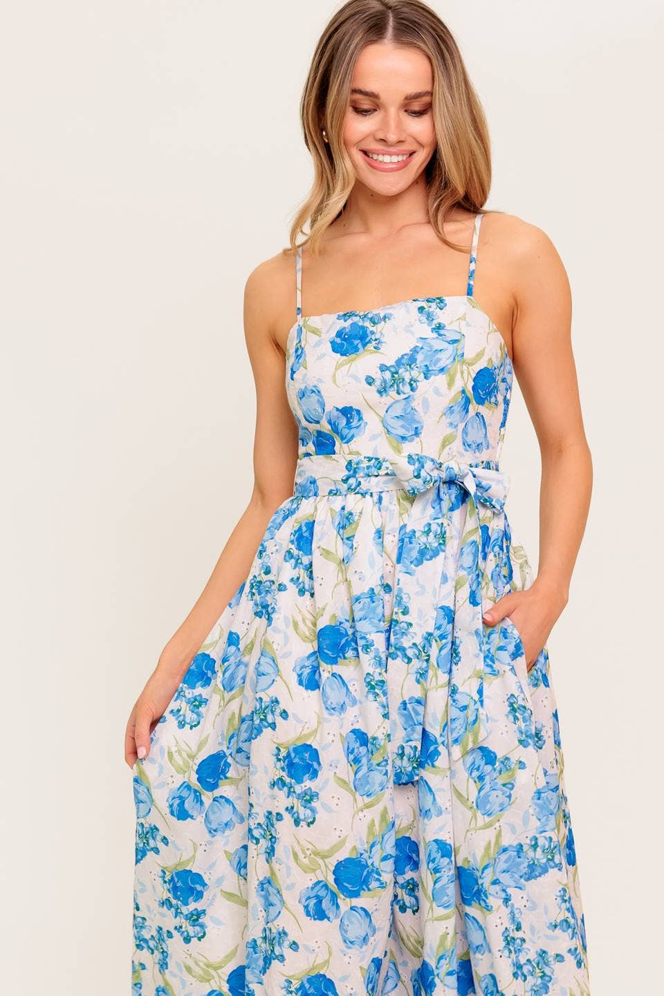Blue and Ivory Floral Midi Dress