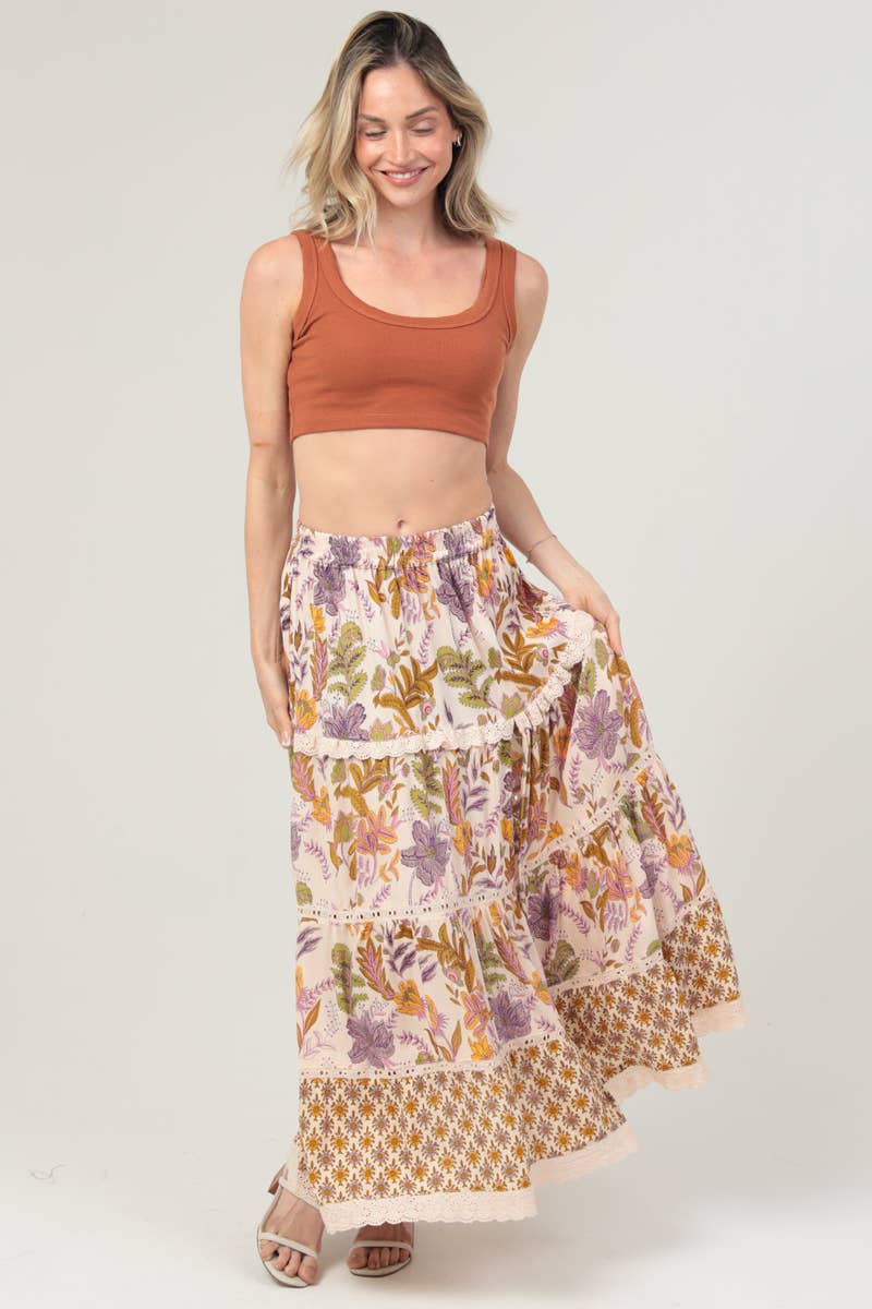Tiered Side Slit Lace Trim Maxi Skirt