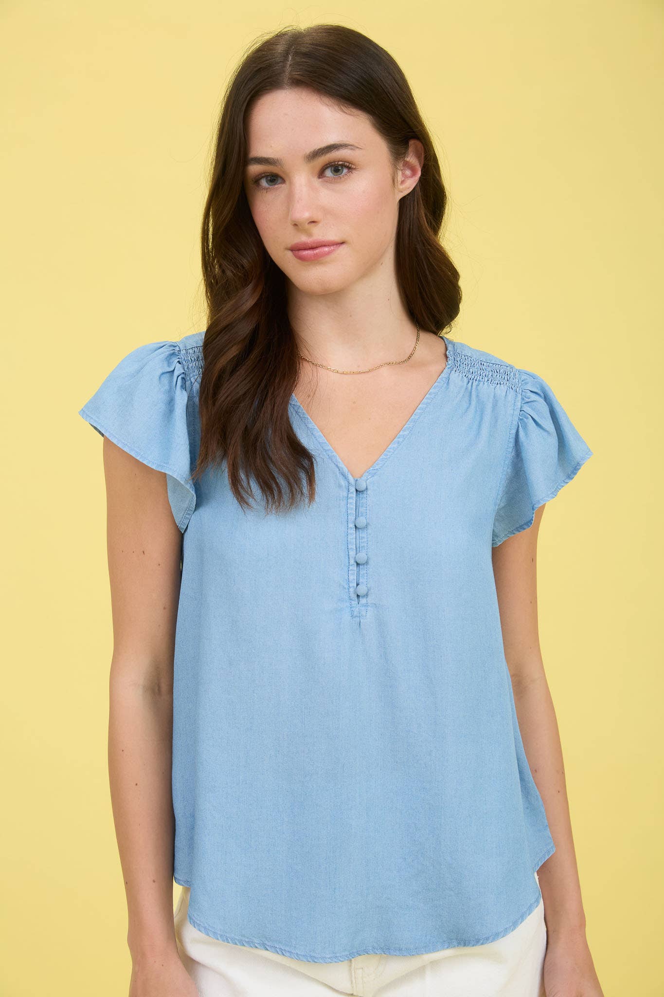 V-Neck Button Front Denim Top
