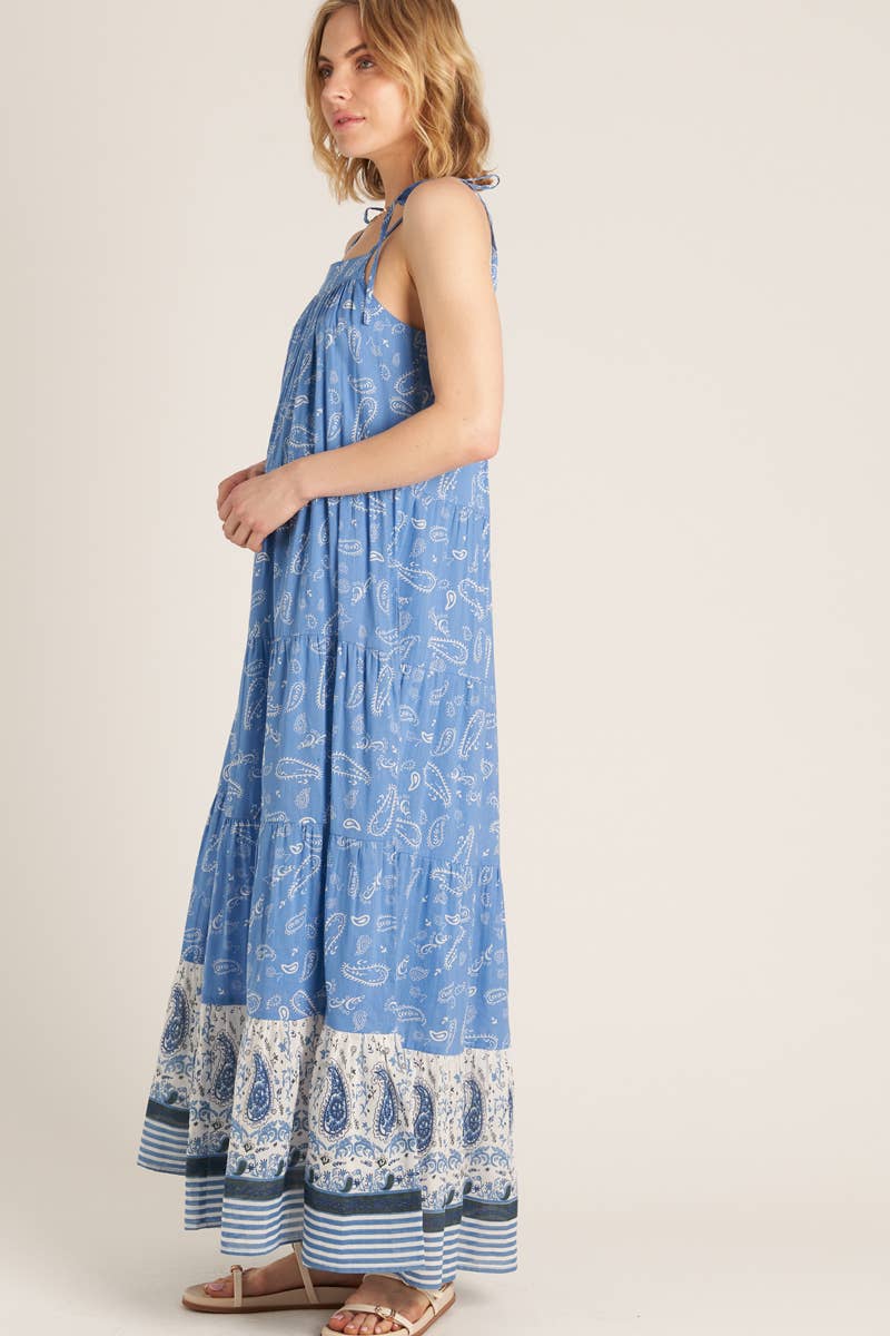 Paisley Print Shoulder Tie Tiered Maxi Dress