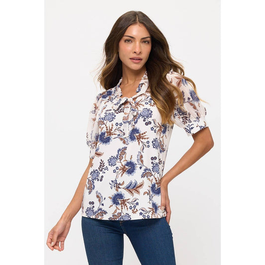 FLORAL MIX MEDIA TIE NECK PEASANT