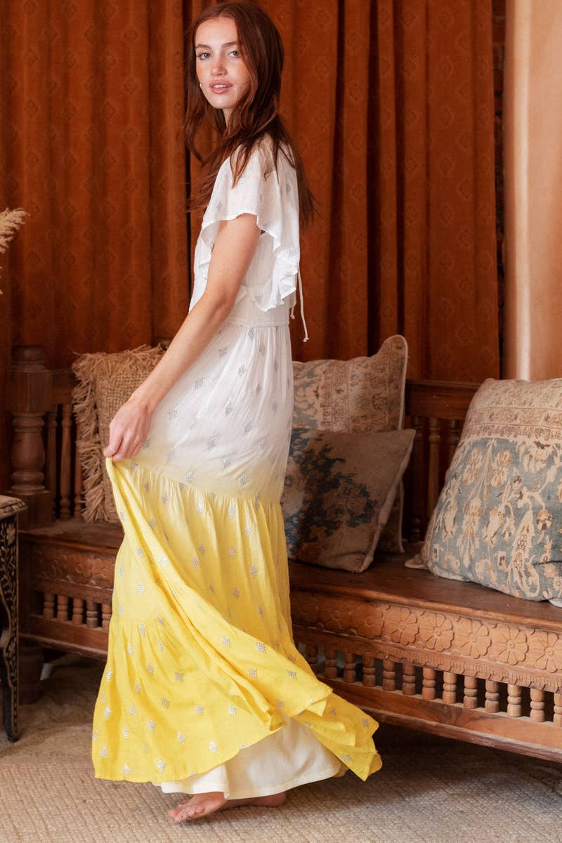 Flutter Sleeve White and Yellow Dip Dye Maxi Dress