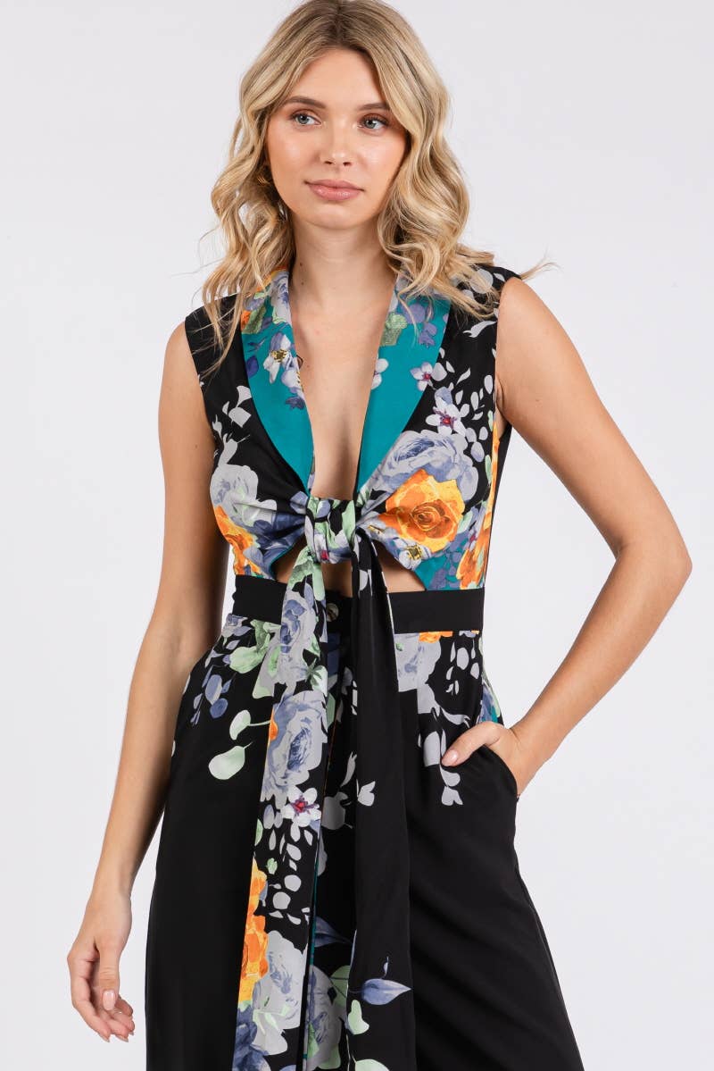 Black and Teal with Floral Print Tie Front Jumpsuit