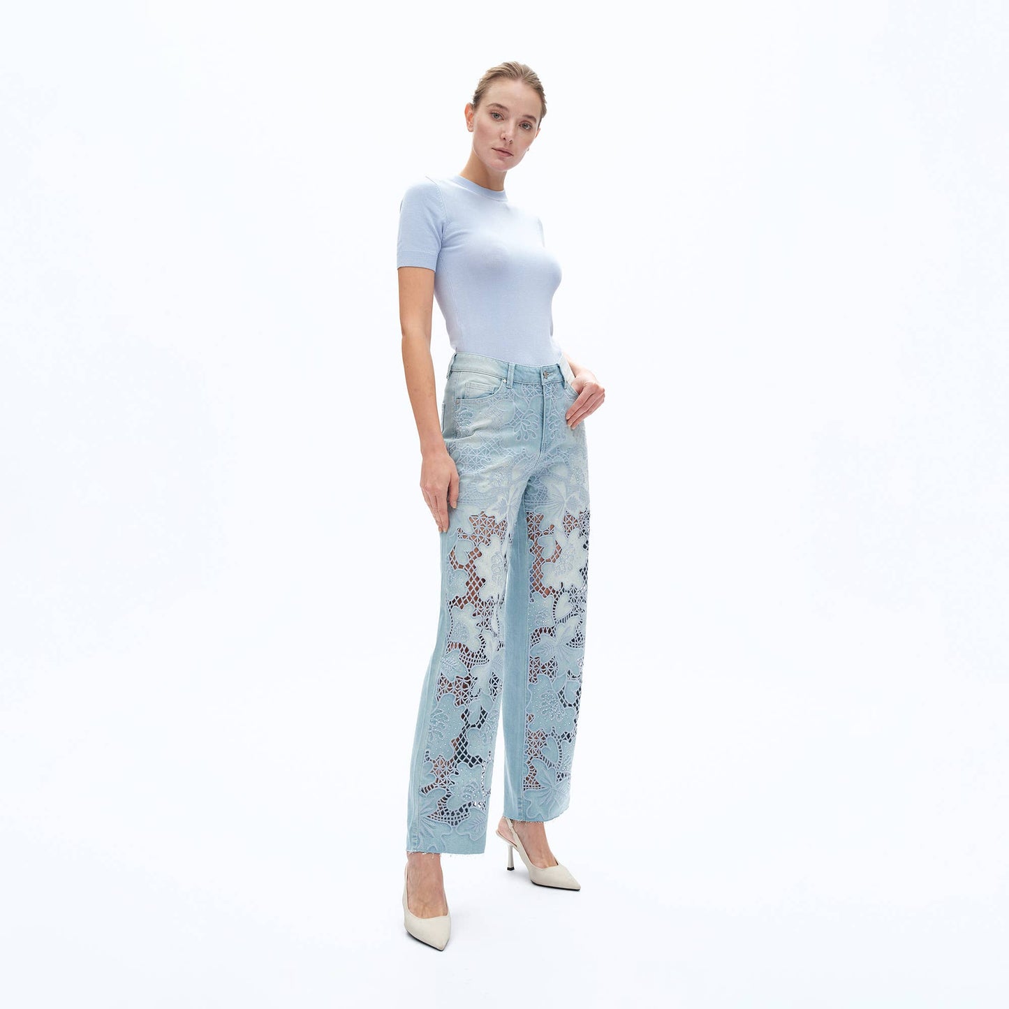 High Rise Embroidered Raw Hem Jeans