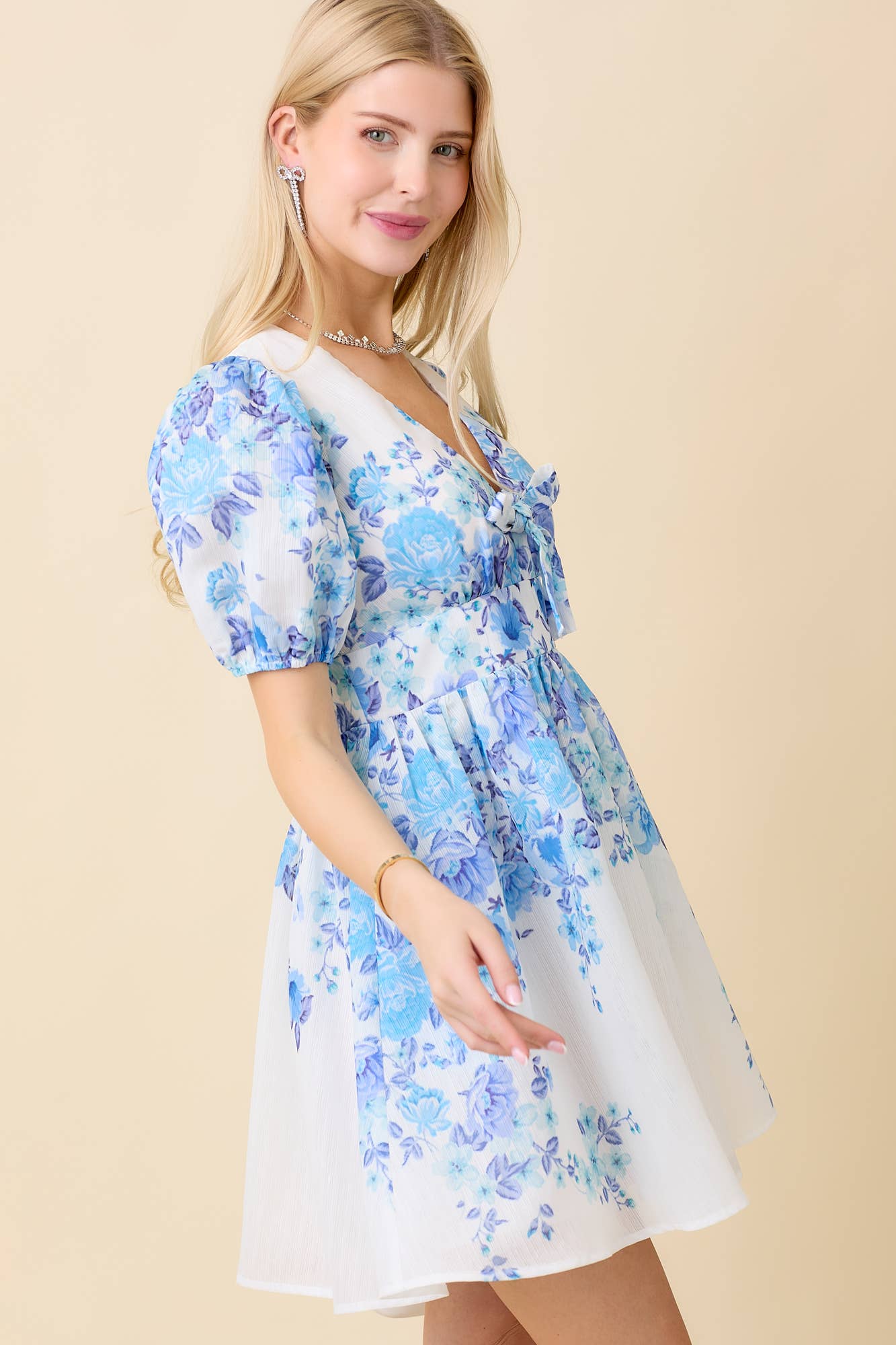 Blue and White Puff Sleeve Floral Print Mini Dress