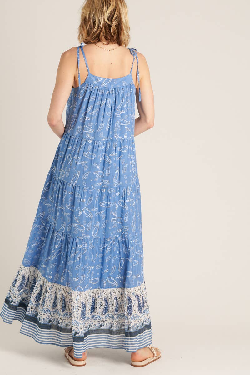 Paisley Print Shoulder Tie Tiered Maxi Dress