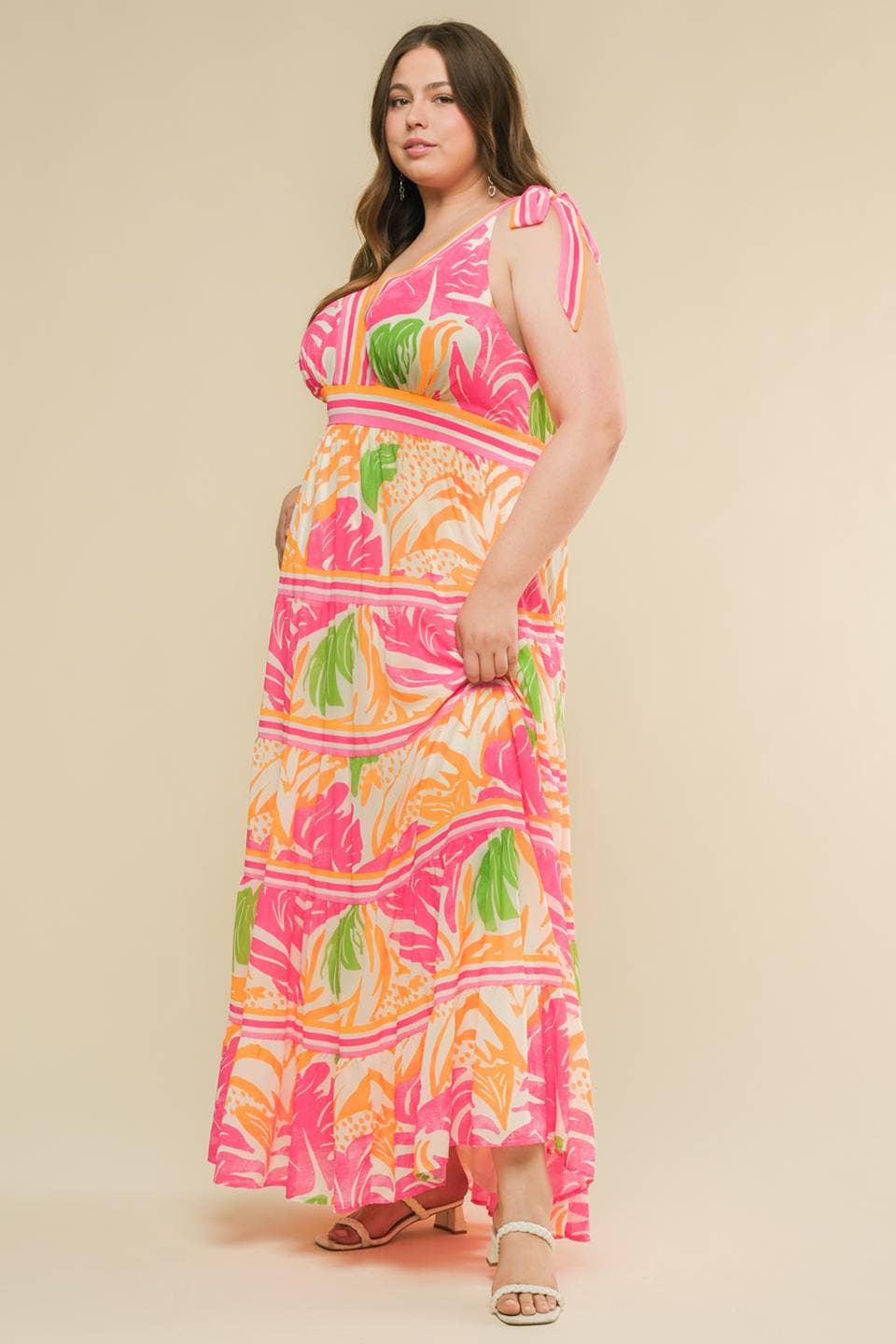 Plus Size Plant Print Tie Shoulders Maxi Dress