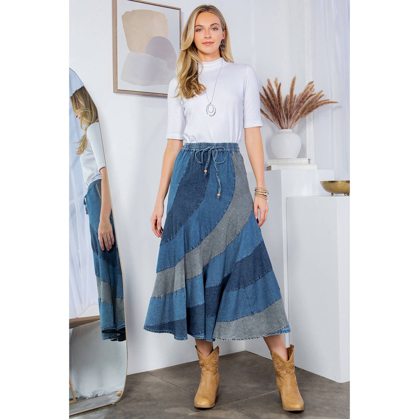 Mid-Length Denim Skirt With Asymmetrical Bias Panels