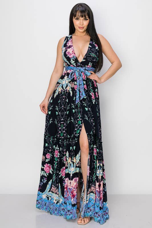 Black Floral Print V Neck Tie Waist Maxi Dress