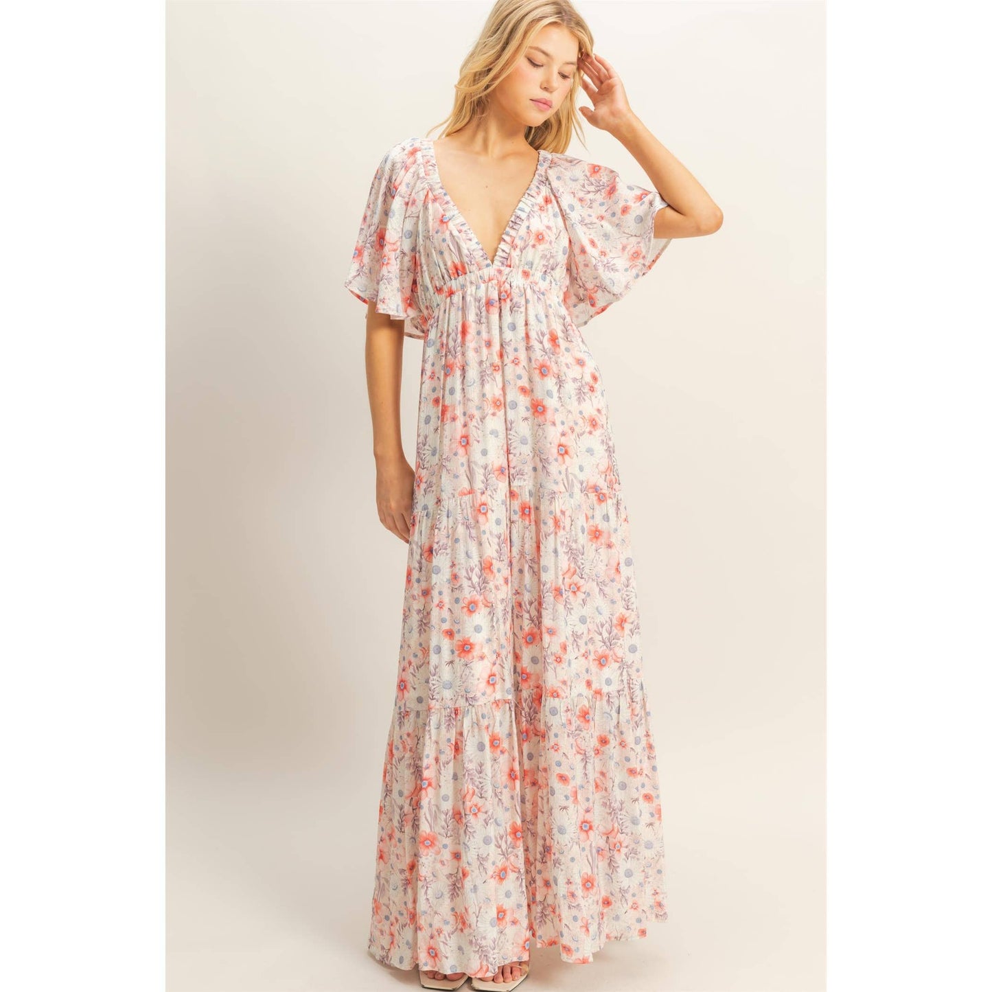 Floral V-Neck Flowy Tiered Maxi Dress