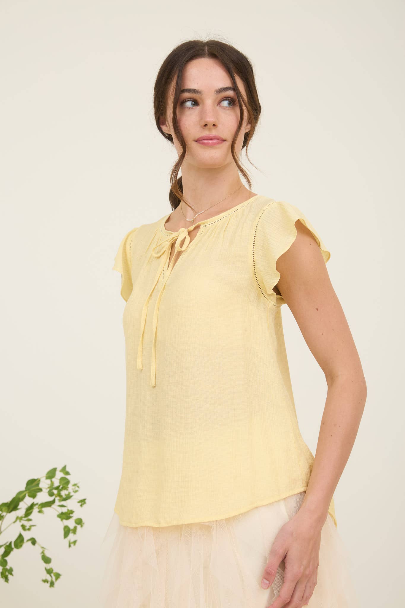 Light Yellow Lace Trim Tie Front Top