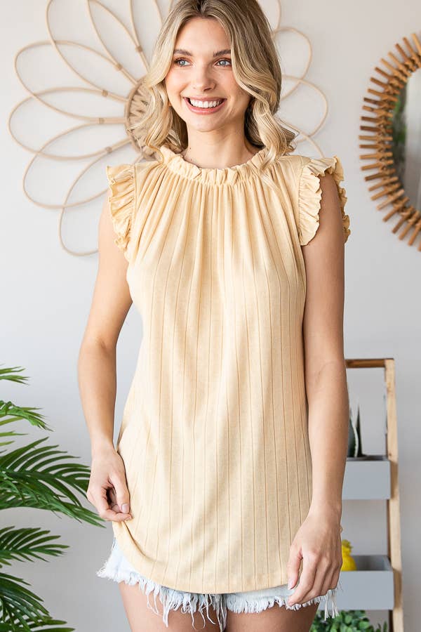 Solid Rib Shirred Neck Ruffle Cap Sleeve Top