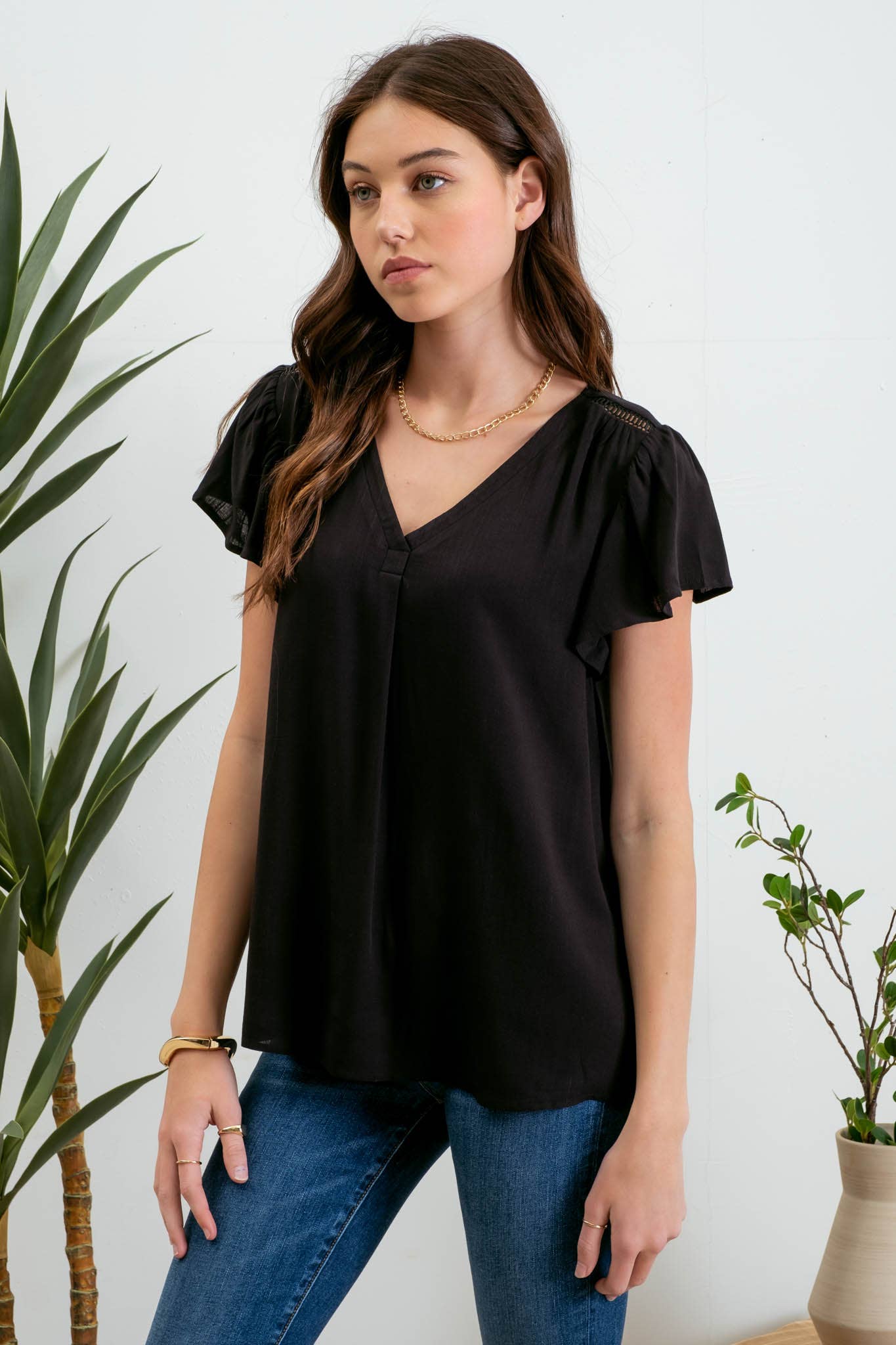 Black V- Neck Ruffled Sleeves Top