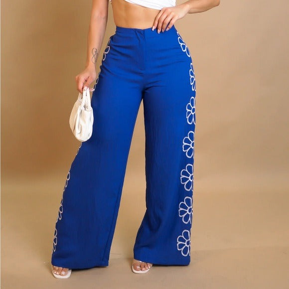 Blue Floral Wide-Leg Pants