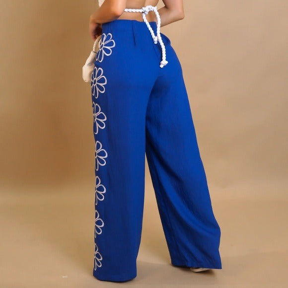 Blue Floral Wide-Leg Pants