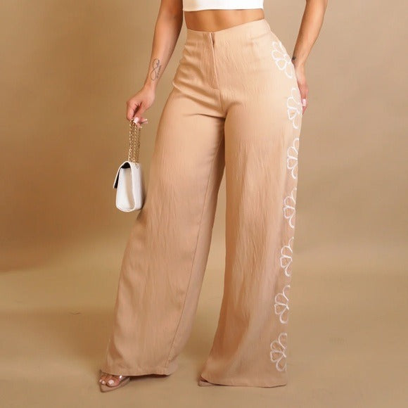 Elegant khaki Flower Embroidered Wide-Leg Pants