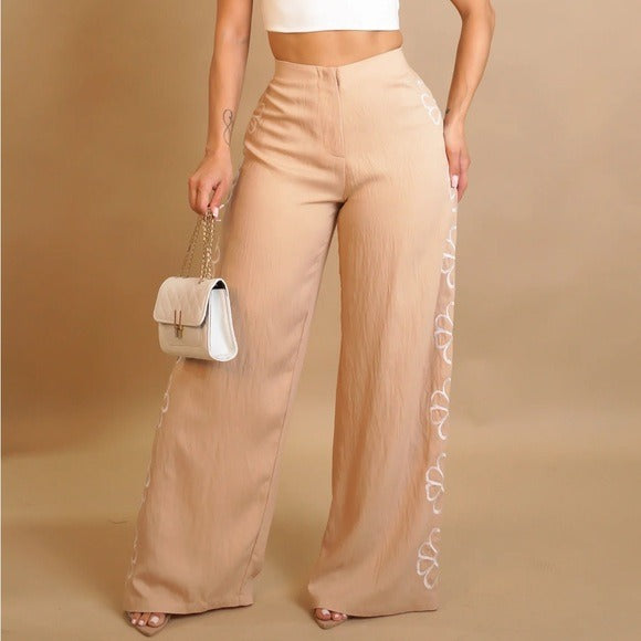 Elegant khaki Flower Embroidered Wide-Leg Pants