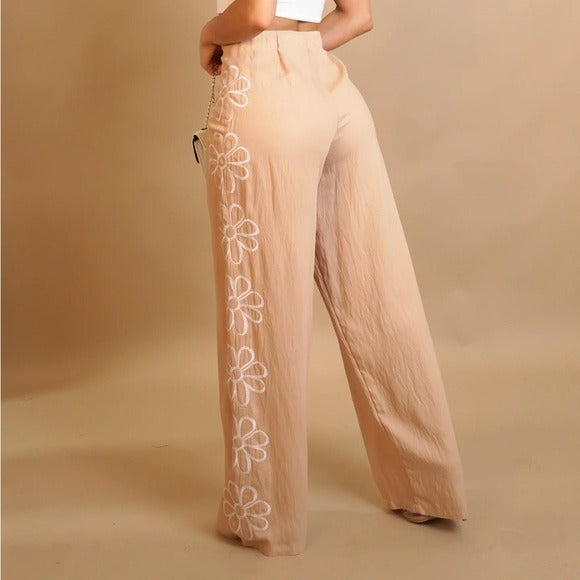 Elegant khaki Flower Embroidered Wide-Leg Pants