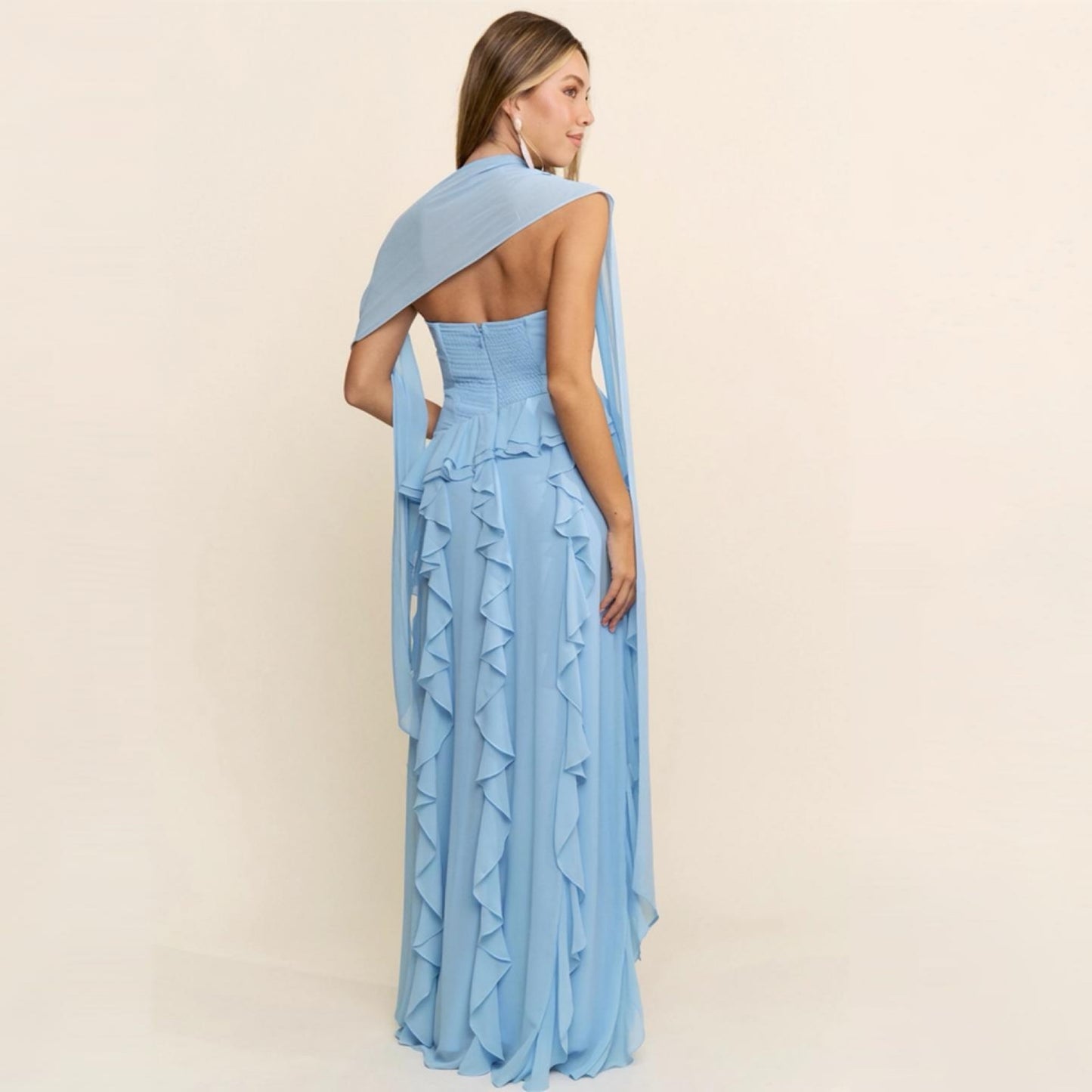 Blue Ruffle Chiffon Maxi Dress