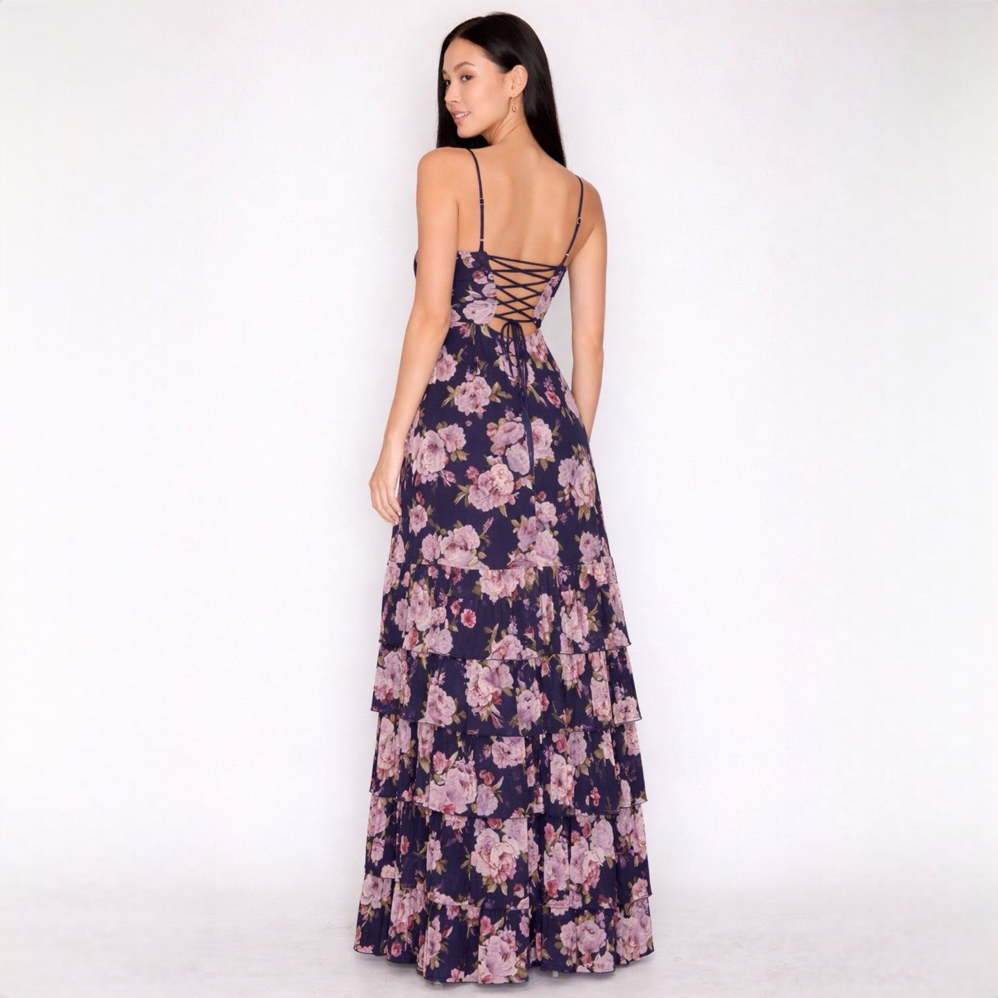 Ruffled Hem Navy Floral Maxi Dress