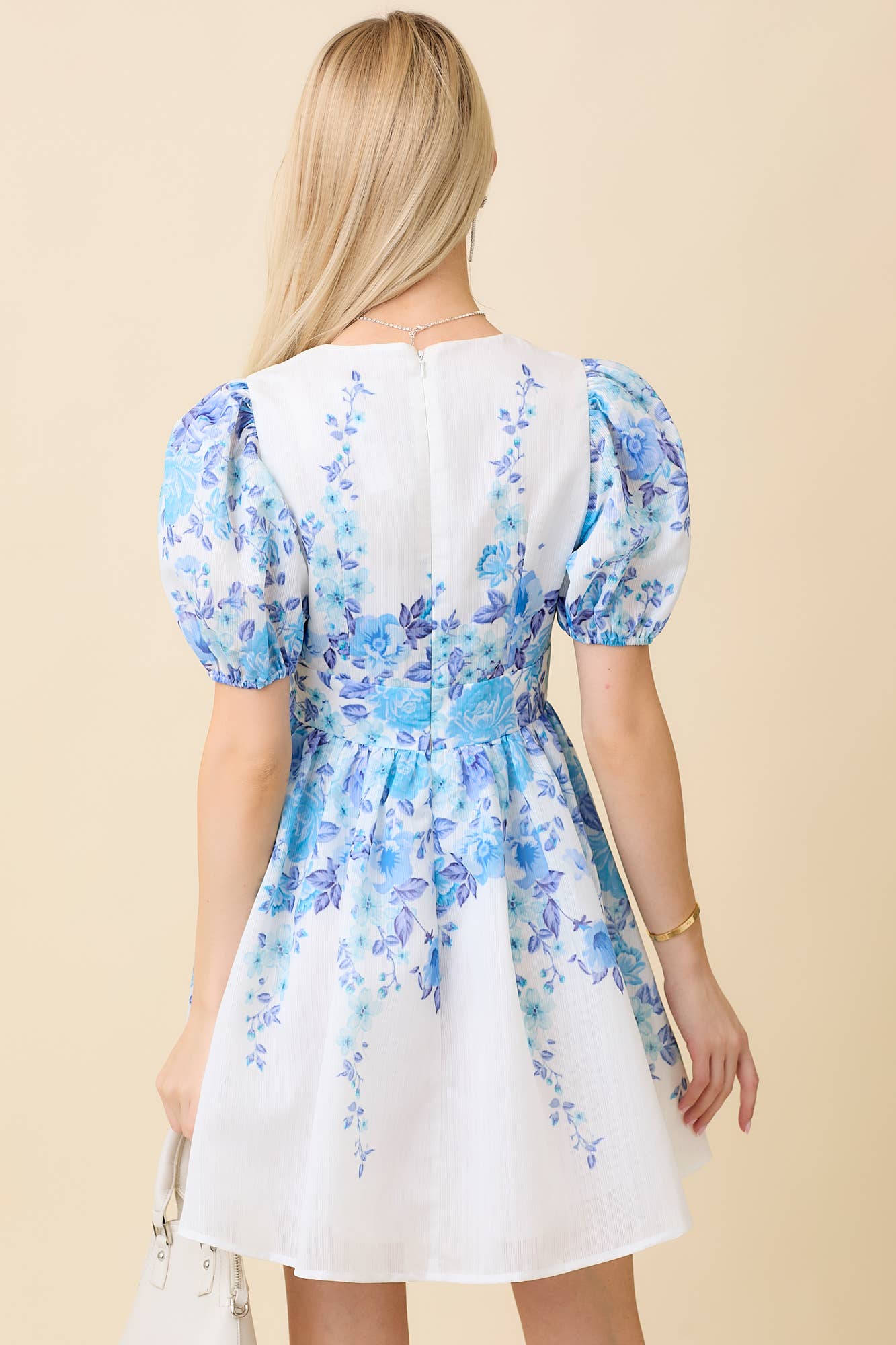 Blue and White Puff Sleeve Floral Print Mini Dress