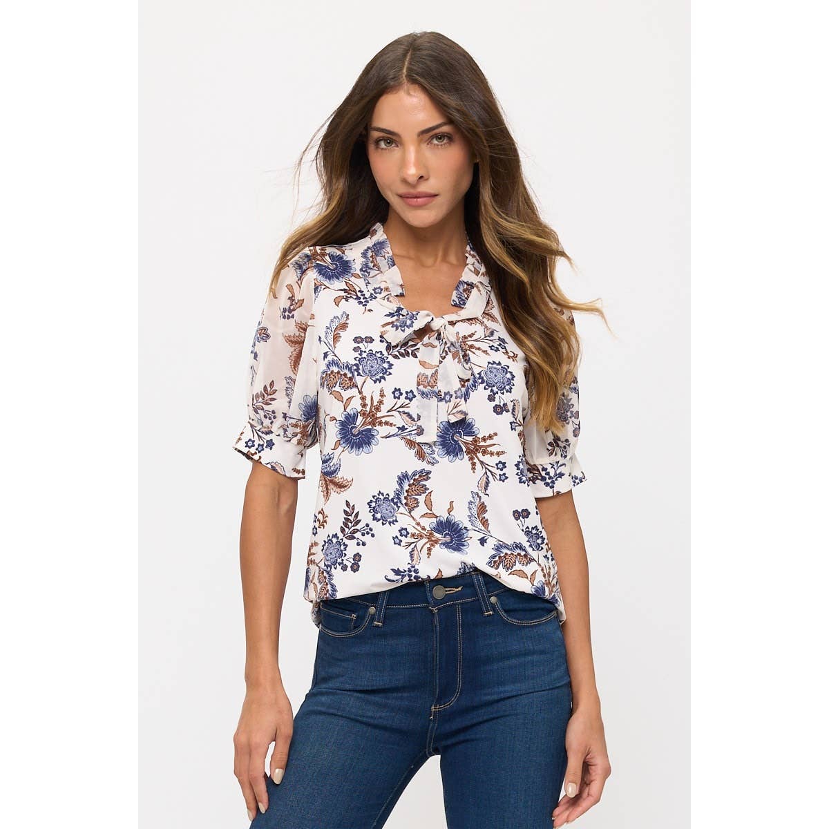 FLORAL MIX MEDIA TIE NECK PEASANT