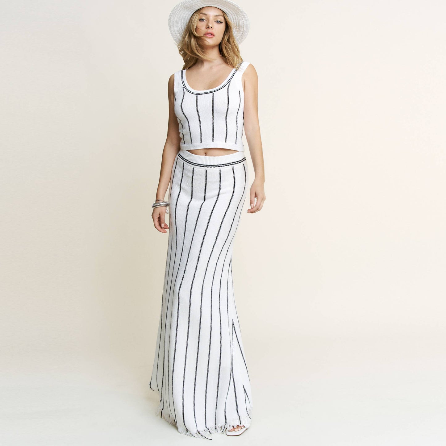 Striped Knit Top and Fringe Maxi Skirt