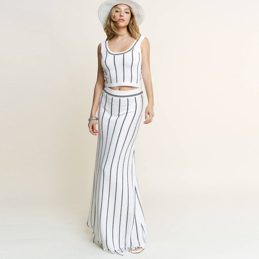 Striped Knit Top and Fringe Maxi Skirt