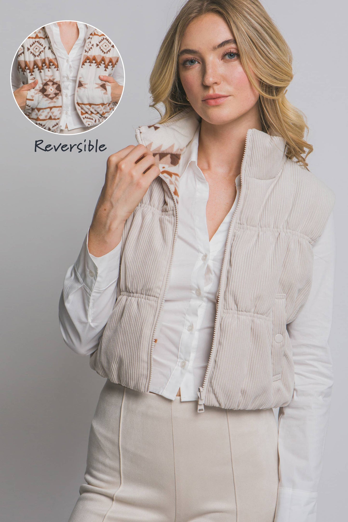 Aztec Print Reversible Corduroy Puffer Vest