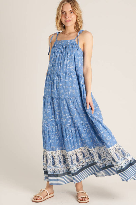 Paisley Print Shoulder Tie Tiered Maxi Dress