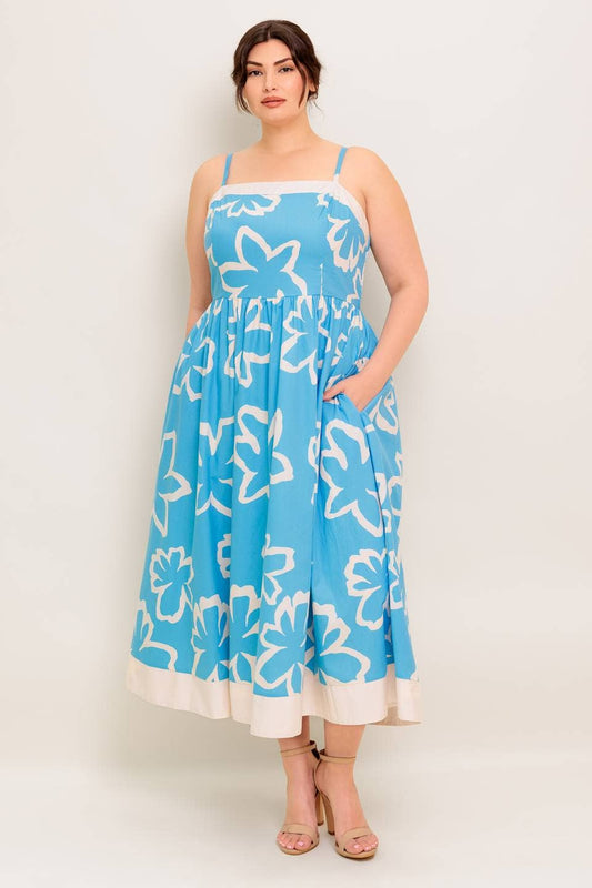 Blue and Ivory Printed Midi Dress